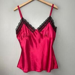 Y2K Red Satin Size XL Babydoll Black Lace Tank Top Cami Coquette Office Siren